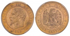 Second Empire 1852-1870
2 Centimes, Lille, 1853 W, AE 5 g.
Ref : G.103
Conservation : PCGS MS65 RD. Rarissime dans cet état.