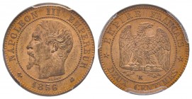 Second Empire 1852-1870
2 Centimes, Bordeaux, 1856 K, AE 5 g.
Ref : G.103
Conservation : PCGS MS65 RD. Rarissime dans cet état.