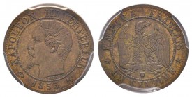Second Empire 1852-1870
1 Centime, Lille, 1855 W, ancre, AE 1 g.
Ref : G.86
Conservation : PCGS AU58. Très Rare