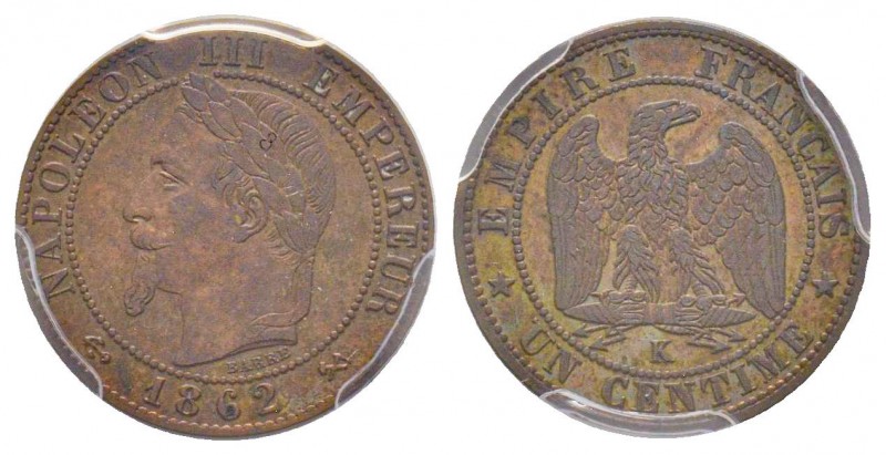 Second Empire 1852-1870
1 Centime, Bordeaux, 1862 K, AE 1 g.
Ref : G.87
Conserva...