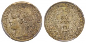 Gouvernement de Défense nationale 1870-1871
50 centimes Cérès, Paris, 1871 A, AG 2.5 g.
Ref : G.419
Conservation : PCGS MS65. Conservation extraordina...