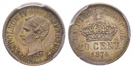 Napoléon IV
Essai de 20 Centimes, Bruxelles, 1874, AE 1 g.
Ref : G.310 (1989), Maz.1767 (R2)
Conservation : PCGS SP65. Rare. Le plus beau exemplaire c...