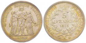 Troisième République 1870-1940
5 francs Hercule, Paris, 1873 A, AG 25 g.
Ref : G.745a
Conservation : PCGS MS64