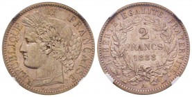Troisième République 1870-1940
2 Francs Cérès, Paris, 1888 A, AG 10 g. 
Ref : G.530a
Conservation : NGC AU58
