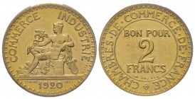 Troisième République 1870-1940
Piéfort de 2 Francs Chambres de Commerce, Paris, 1920, AE-Al 16 g.
Ref : GEM112.P1, Maz.2575 (R2)
Conservation : PCGS S...