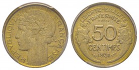 Troisième République 1870-1940
Essai de 50 centimes Morlon, 1931, Br-Al 2.04 g.
Ref : G.423, GEM84.1, Maz.2590 (R1)
Conservation : PCGS SP65