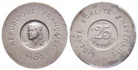 Troisième République 1870-1940
Essai de 25 centimes par Rude, Paris, 1909, Al, 2.55 g.
Réf: GEM 65.1, Gadoury (1989) 366, Maz. 2281 (R2)
Conservation:...