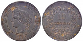 Troisième République 1870-1940
10 Centimes Cérès, Paris, 1882 A, AE 10 g.
Ref : G. 265a
Conservation : PCGS MS62 BN
