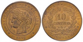 Troisième République 1870-1940
10 centimes Cérès, Paris, 1892 A, AE 10 g.
Ref : G.265a
Conservation : NGC MS64 RD.