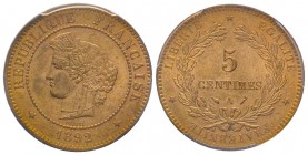 Troisième République 1870-1940
5 centimes Cérès, Paris, 1892 A, AE 5 g.
Ref : G.157a
Conservation : NGC MS64 RD