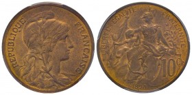 Troisième République 1870-1940
10 centimes Dupuis, Paris, 1898 A, AE 10 g.
Ref : G.277
Conservation : NGC MS64 RB