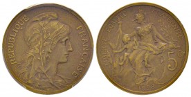 IIIème République
Piéfort de 5 centimes Daniel-Dupuis , Paris, 1898, AE 10 g.
Ref : GEM14.P1, Maz.2196 (R2)
Conservation : PCGS SP64 BN
Sans le mot Es...