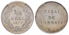 Troisième République 1870-1940
Essai du 1/4 de réal, Paris, 1872, Al 0.98 g.
Ref : Maz. 2232 var. (R1), KM#(Honduras)EI
Conservation : PCGS SP65