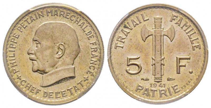 Etat Français 1940-1944
Essai de 5 Francs Maréchal Pétain type définitif, Paris,...