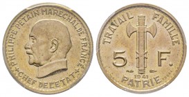 Etat Français 1940-1944
Essai de 5 Francs Maréchal Pétain type définitif, Paris, 1941, Fer Nickelé 3.46 g.
Ref : G.764, GEM 142.60
Conservation : PCGS...