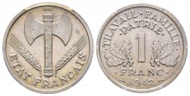 Etat Français 1940-1944
Essai de 1 Franc Bazor, poids lourd, 1942, Aluminium 1.6 g.
Ref : GEM98.6, Maz.2666 (R3)
Conservation : PCGS SP65. Très rare