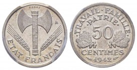 Etat Français 1940-1944
Essai de 50 centimes Bazor, poids lourd, 1942, Aluminium 0.8 g.
Ref : GEM86.5, Maz.2668 (R3)
Conservation : PCGS SP65
