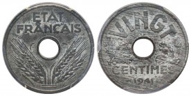 Etat Français 1940-1944
Essai de 20 Centimes, 1941, Zinc 3.45 g.
Ref : GEM51.3, Maz.2669 (R3)
Conservation : PCGS SP63. Très Rare
