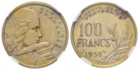 Quatrième République 1946-1958
100 Francs Cochet, Chouette, Paris, 1958, Cu-Al 6 g.
Ref : G.897
Conservation : NGC AU58