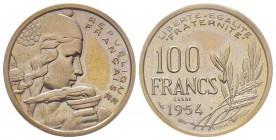 Quatrième République 1946-1958
Piéfort de 100 Francs Cochet, 1954, Cu-Ni 12 g.
Ref : GEM230.EP1, Maz 2769a (R2)
Conservation : PCGS SP64
Quantité : 10...