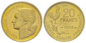 Quatrième République 1946-1958
Piéfort de 20 francs Guiraud, 1952, Cu-Al, 8.4 g.
Ref : GEM 211. EP1, Gadoury (1989) 865, Maz 2767 (R2)
Conservation : ...