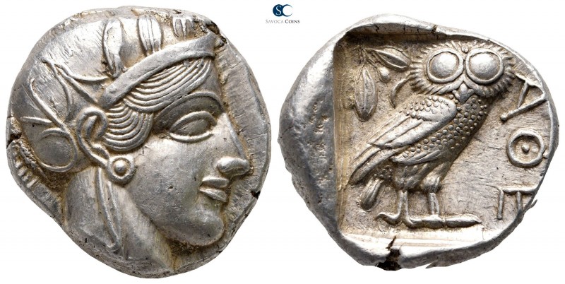 Attica. Athens circa 454-404 BC. 
Tetradrachm AR

24 mm., 17,23 g.

Head of...