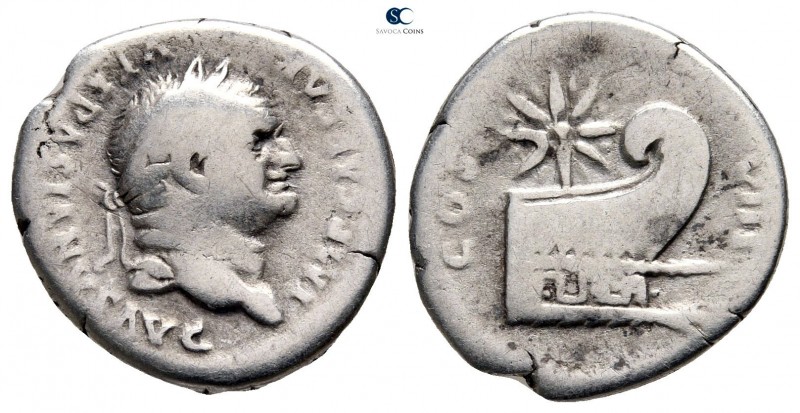 Vespasian AD 69-79. Rome
Denarius AR

17 mm., 3,06 g.

IMP CAESAR VESPASIAN...