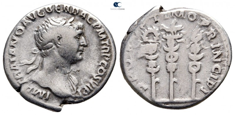 Trajan AD 98-117. Rome
Denarius AR

18 mm., 3,31 g.

IMP TRAIANO AVG GER DA...