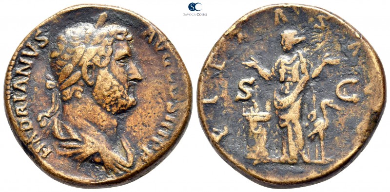 Hadrian AD 117-138. Rome
Sestertius Æ

30 mm., 23,42 g.

HADRIANVS AVG COS ...