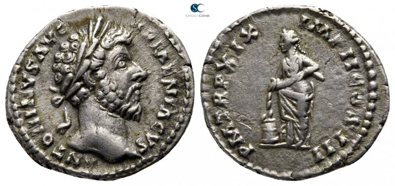 Marcus Aurelius AD 161-180. Rome
Denarius AR

18 mm., 3,29 g.

ANTONINVS AV...