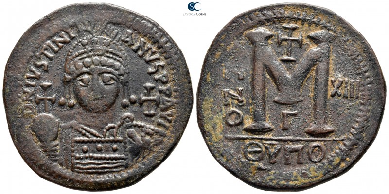 Justinian I AD 527-565. Theoupolis (Antioch)
Follis Æ

40 mm., 22,17 g.

D ...