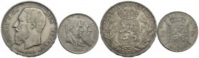 BELGIO - Leopoldo II (1865-1909) - 5 Franchi - 1873 - AG Kr. 24 assieme a 2 franchi 1880 - Lotto di due monte - BB