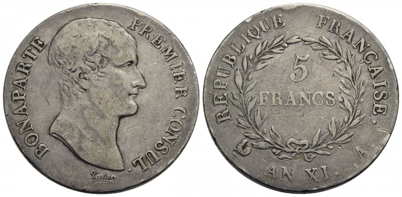 FRANCIA - Napoleone I, Console (1799-1804) - 5 Franchi - AN XI A - AG RR Kr. 650...