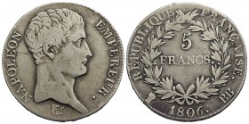 FRANCIA - Napoleone I, Imperatore (1804-1814) - 5 Franchi - 1806 BB - AG Kr. 673.3 - BB+
