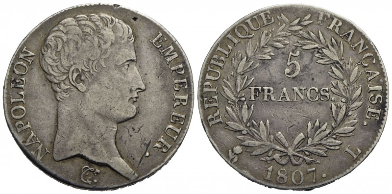 FRANCIA - Napoleone I, Imperatore (1804-1814) - 5 Franchi - 1807 L - AG Kr. 673....