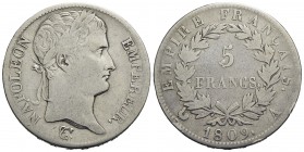 FRANCIA - Napoleone I, Imperatore (1804-1814) - 5 Franchi - 1809 A - AG Kr. 694.1 Colpettino - BB