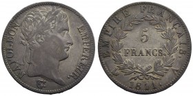 FRANCIA - Napoleone I, Imperatore (1804-1814) - 5 Franchi - 1811 A - AG Kr. 694.1 Patinata - BB-SPL