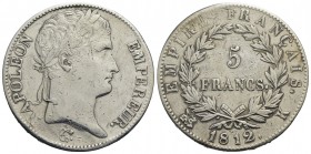 FRANCIA - Napoleone I, Imperatore (1804-1814) - 5 Franchi - 1812 K - AG Kr. 694.8 Segnetti al D/ e pulita - BB