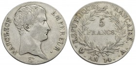 FRANCIA - Napoleone I, Imperatore (1804-1814) - 5 Franchi - AN 14 A - AG Kr. 662.1 - qSPL