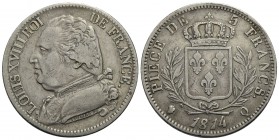 FRANCIA - Luigi XVIII (1814-1824) - 5 Franchi - 1814 Q - AG R Kr. 702.1 - BB+