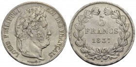 FRANCIA - Luigi Filippo I (1830-1848) - 5 Franchi - 1837 W - AG Kr. 749.13 Segnetti - BB+/qSPL