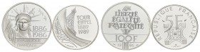 FRANCIA - Quinta Repubblica (1959) - 100 Franchi - 1986 - Centenario della Statua della Libertà - AG Kr. 960a Proof assieme a 5 franchi 1989 Tour Eiff...