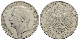 GERMANIA - BADEN - Federico II (1907-1918) - 3 Marchi - 1915 G - AG R Kr. 280 Fondi lucenti - qFDC/FDC