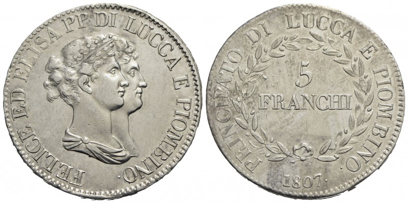 LUCCA - Elisa Bonaparte e Felice Baciocchi (1805-1814) - 5 Franchi - 1807 - AG R...