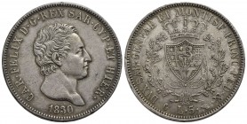 Carlo Felice (1821-1831) - 5 Lire - 1830 T (P) - AG R Pag. 79a; Mont. 70 Segnetto al D/ - qSPL