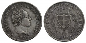 Carlo Felice (1821-1831) - 50 Centesimi - 1826 T - AG Pag. 113; Mont. 111 Patina di antica raccolta - SPL