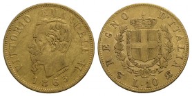 Vittorio Emanuele II Re d'Italia (1861-1878) - 10 Lire - 1865 T - AU RR Pag. 478; Mont. 158 - MB-BB