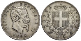 Vittorio Emanuele II Re d'Italia (1861-1878) - 5 Lire - 1864 N - AG R Pag. 485; Mont. 166 Segnetti - BB-SPL