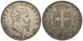 Vittorio Emanuele II Re d'Italia (1861-1878) - 5 Lire - 1872 M - AG Pag. 494; Mont. 177 Segni al R/ sopra alla corona - Patinata - SPL-FDC