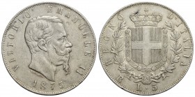 Vittorio Emanuele II Re d'Italia (1861-1878) - 5 Lire - 1875 R - AG R Pag. manca; Mont. 187 R piccola - BB+/qSPL